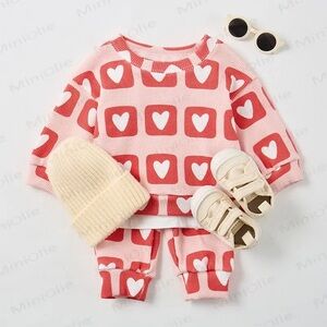 Mini Olie Pink Heart Patterned Baby Waffle Sweat Outfit Set